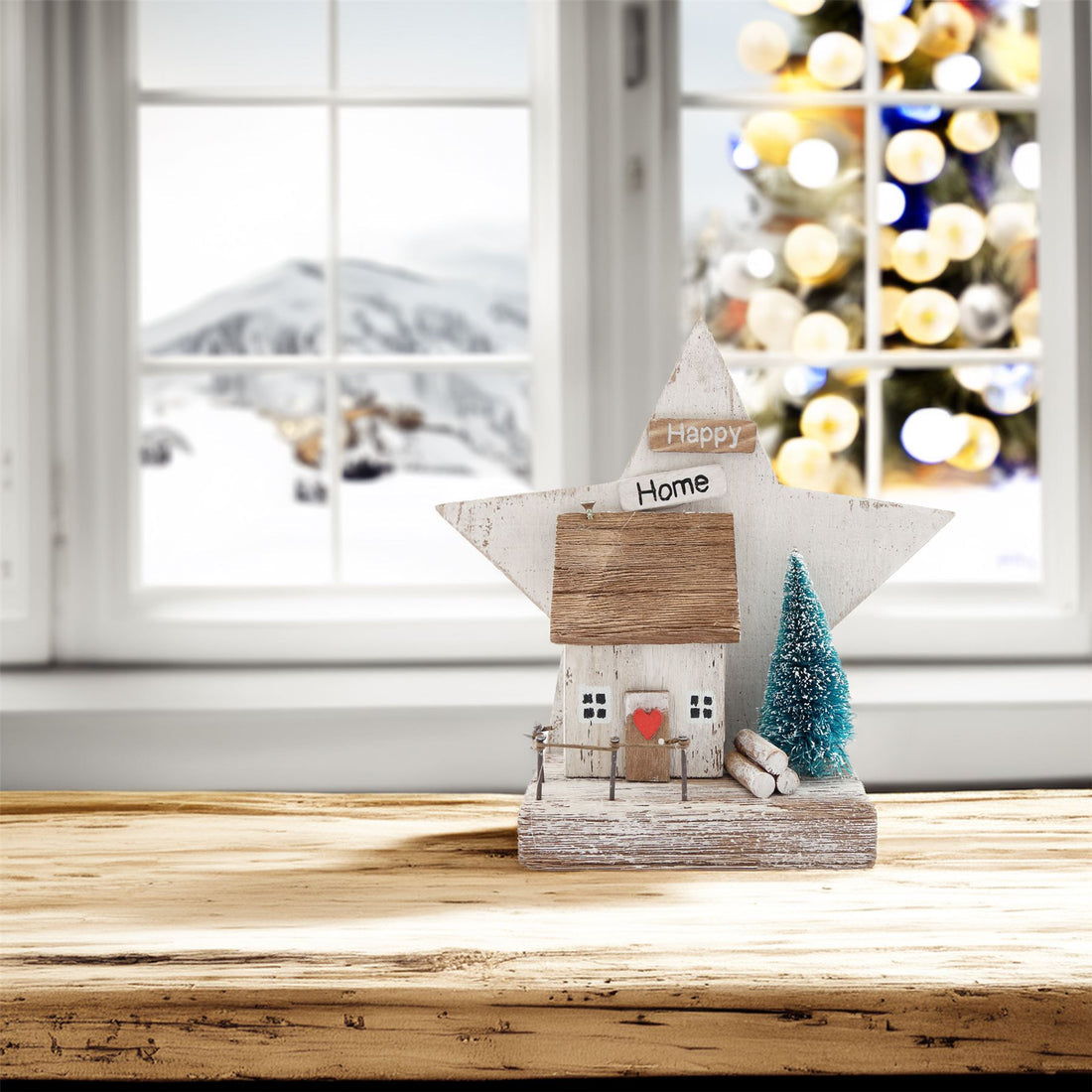 RUSTIC HAPPY HOME ORNAMENT | CHARMING WOODEN HOUSE WITH FESTIVE STAR