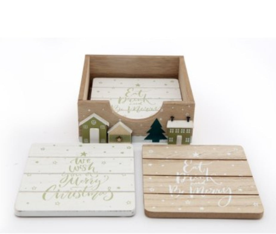 Wooden Scandi House coaster set - Green and White