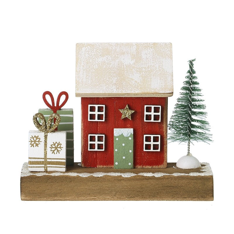 Red Wooden House with Gifts & Tree