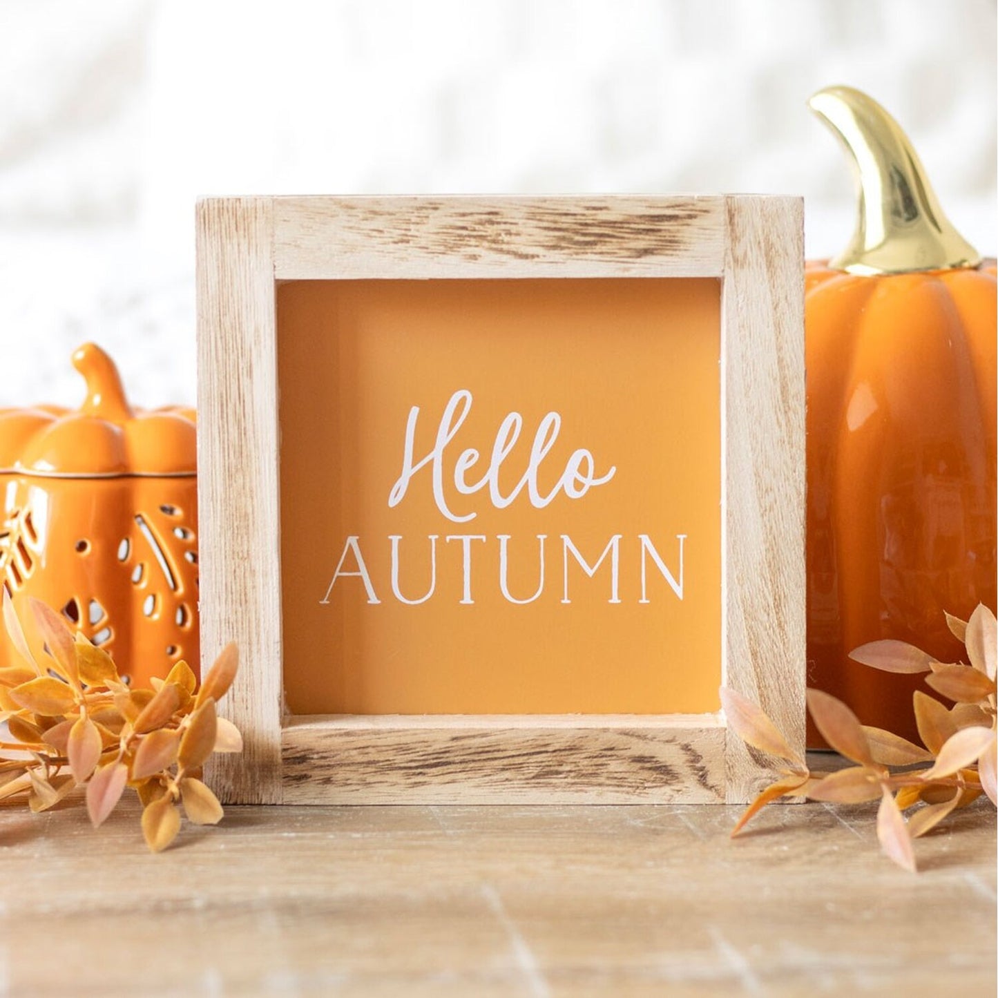 Hello Autumn Square Wooden Frame Sign - Orange