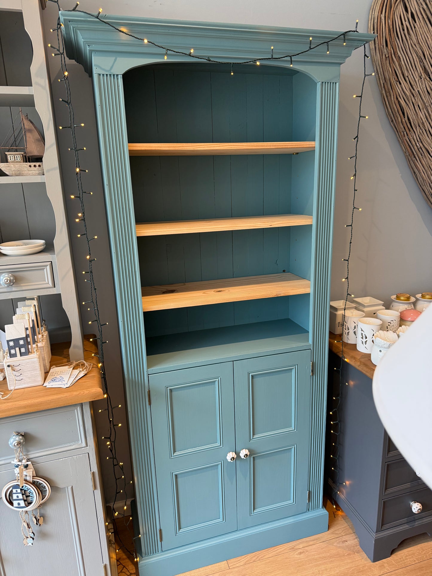 Solid Pine Bookcase with Cupboard