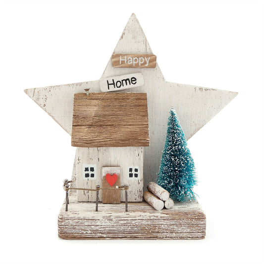 RUSTIC HAPPY HOME ORNAMENT | CHARMING WOODEN HOUSE WITH FESTIVE STAR