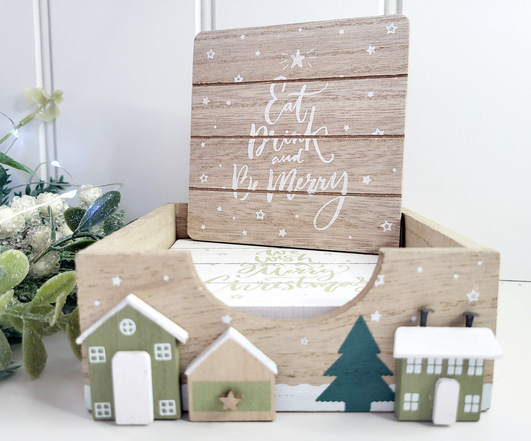 Wooden Scandi House coaster set - Green and White