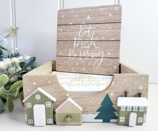 Wooden Scandi House coaster set - Green and White