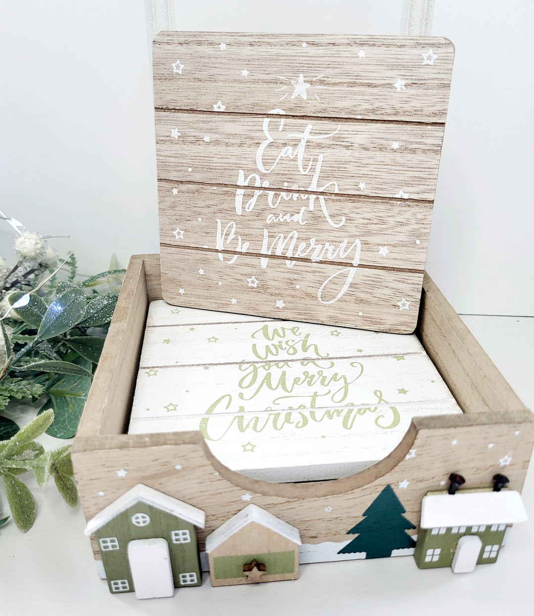 Wooden Scandi House coaster set - Green and White