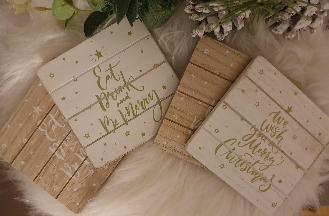 Wooden Scandi House coaster set - Green and White