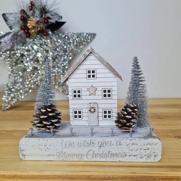 Silver Glittery Wooden Block House Scene