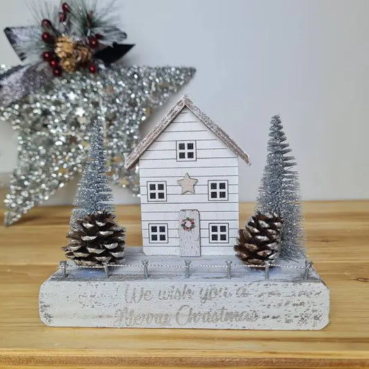 Silver Glittery Wooden Block House Scene