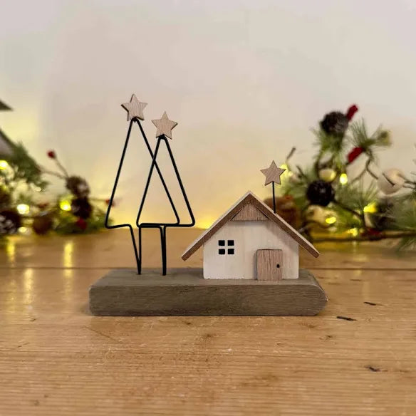 Wooden House with Trees & Stars