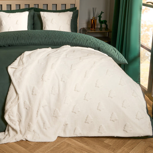 Tufted Winter Tree Teddy Fleece Throw, Cream - 130 x 160 cm