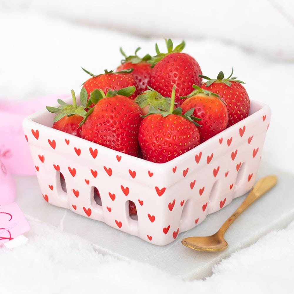 Pink Love Heart Print Ceramic Berry Basket
