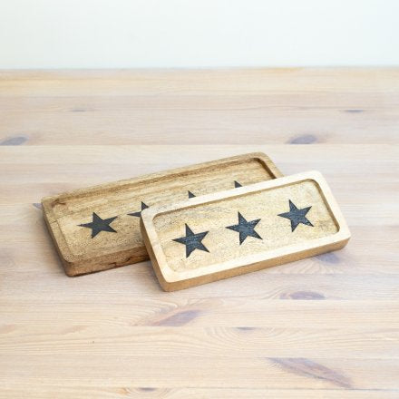 Wooden Block Tray with Star Design, 23cm