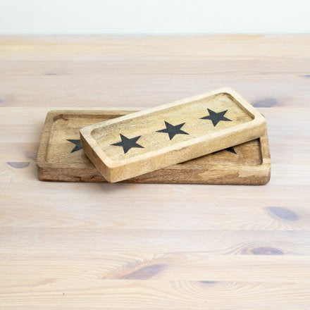 Wooden Block Tray with Star Design, 23cm