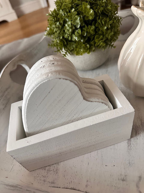 White Wash Heart Coaster Set In Holder