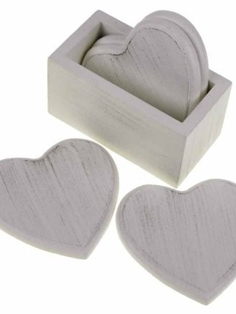 White Wash Heart Coaster Set In Holder